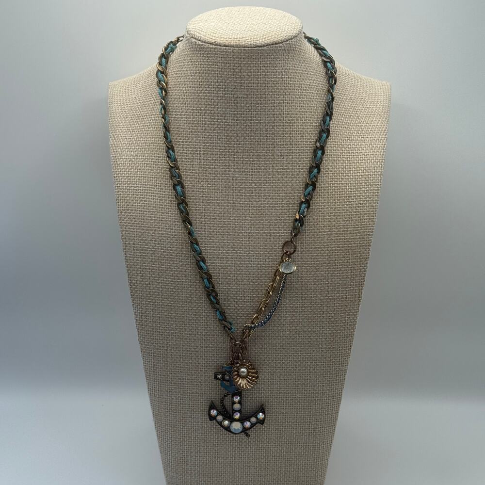Betsey Johnson Blue Anchor Charm Y2K Necklace Rhinestone Nautical